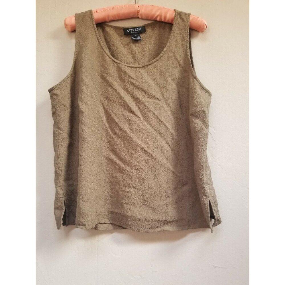 Citron Womens Large Scoop Neck Sleeveless Silk Textured Tank Top Green Casual